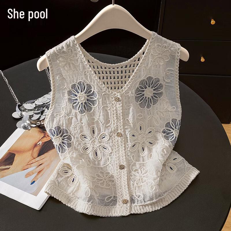 Women s Lyocell Hollow Flower Embroidered V-Neck Vest One Size