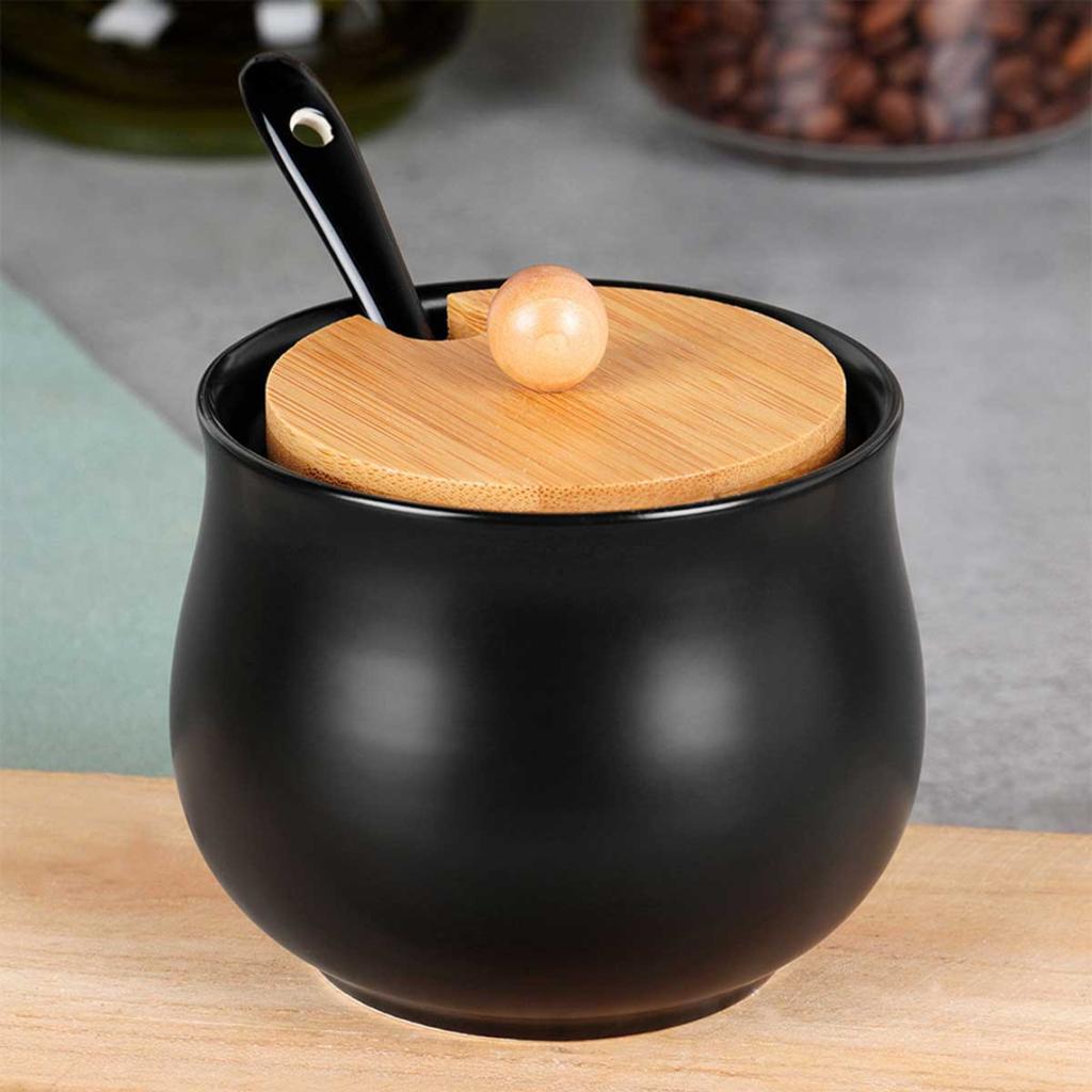 CERAMIC SUGAR BOWL WITH SPOON, BLACK 139683