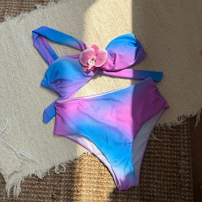 

3D Цветы Градиентный Женский Купальник Бикини с Высокой Талией Женская Купальная Одежда Комплект Бикини из Двух Частей С Подкладкой Купальник для Плавания L фиолетовый