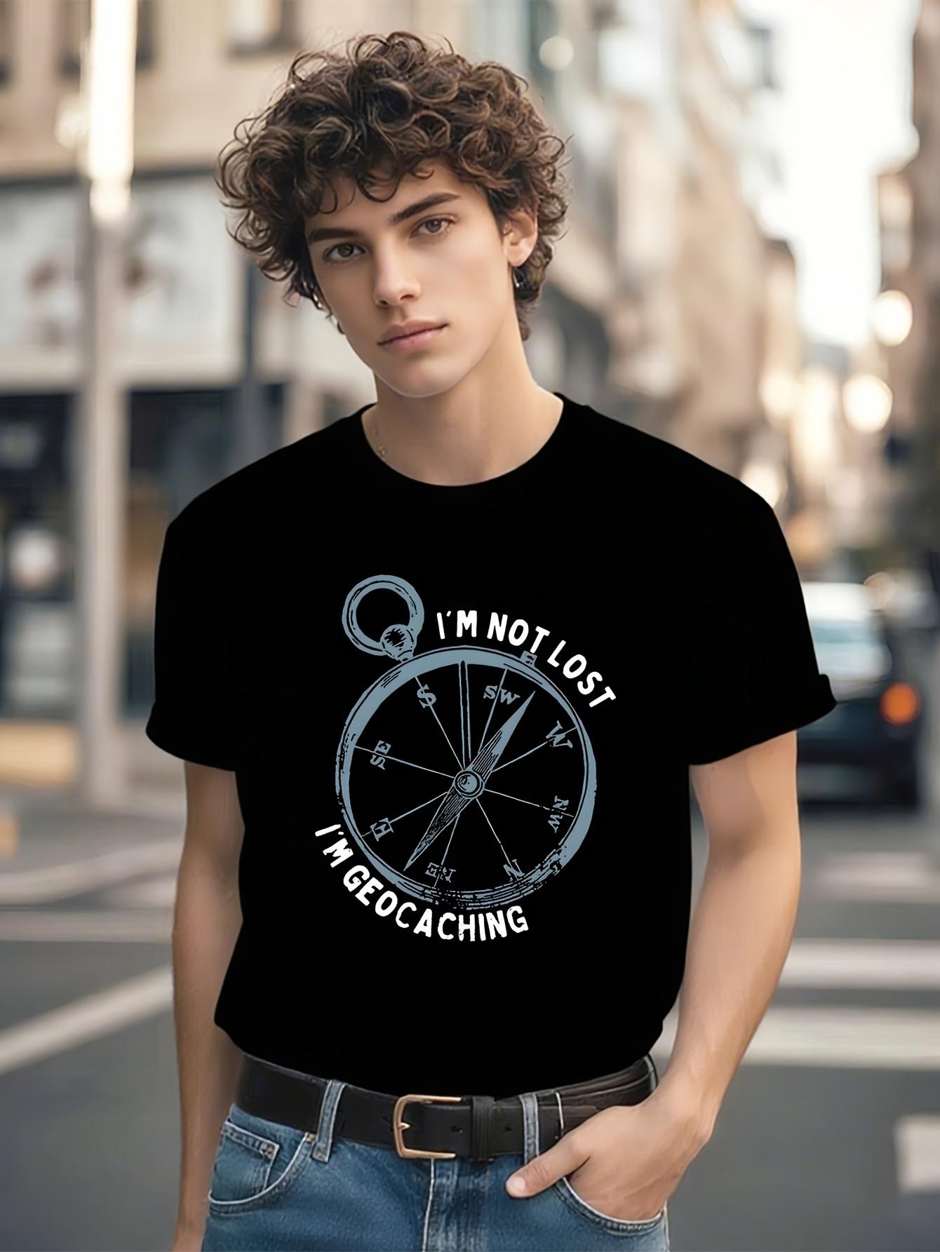 

Funny Geocaching T-shirt - I m Not Lost Saying with Blue Compass Graphic - Lightweight Crew Neck Tee for Outdoor Adventures S