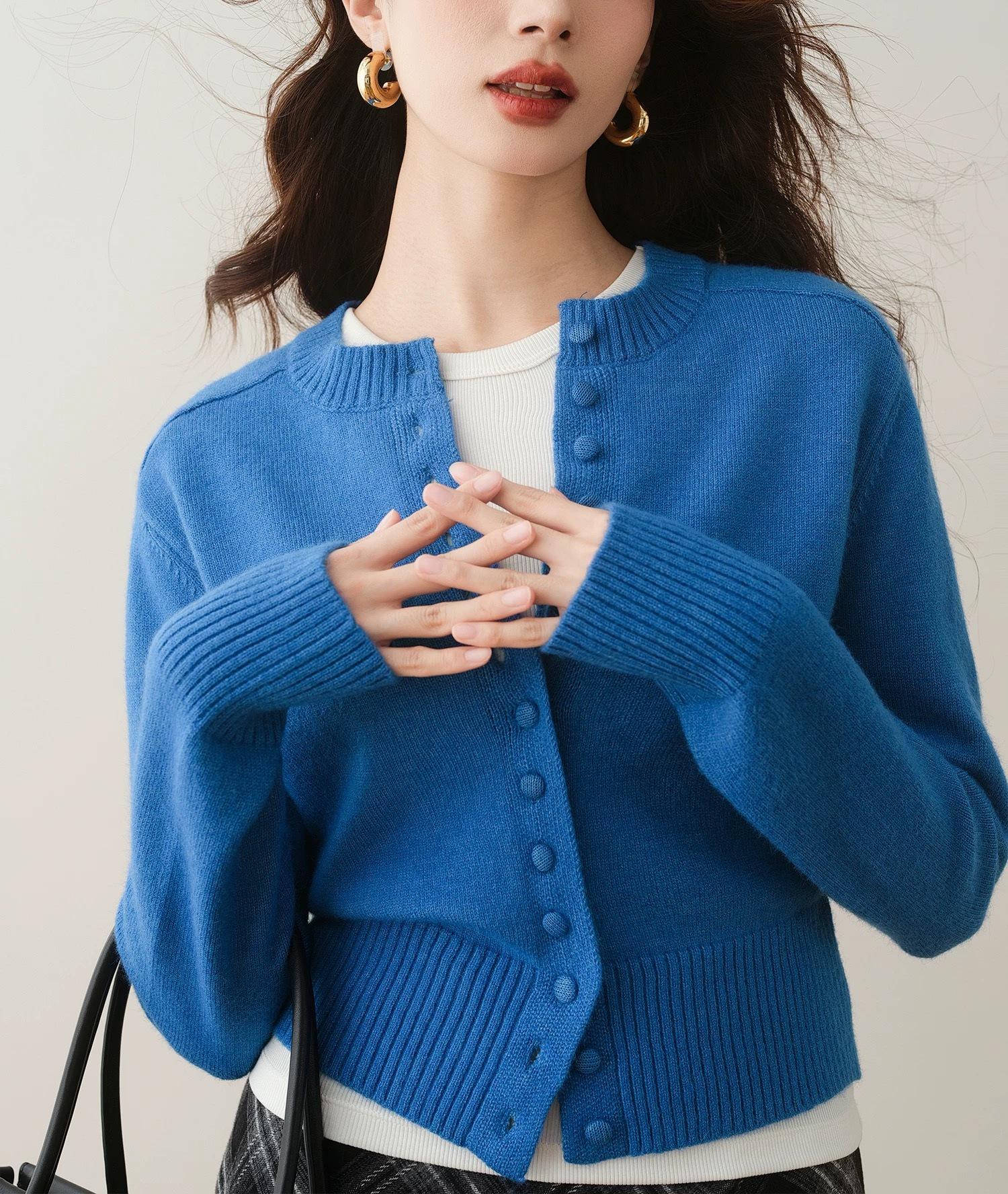 

Ron Design Sense Slim Fit Blue Knit Cardigan - 2025 Early Autumn Collection: Round Neck, High-End, Casual Style One size
