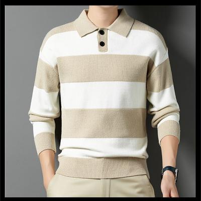 Men'S Autumn Splicing Casual Loose Striped Men'S Shirt Collar Knitted Sweater Fashion Trend Sweater