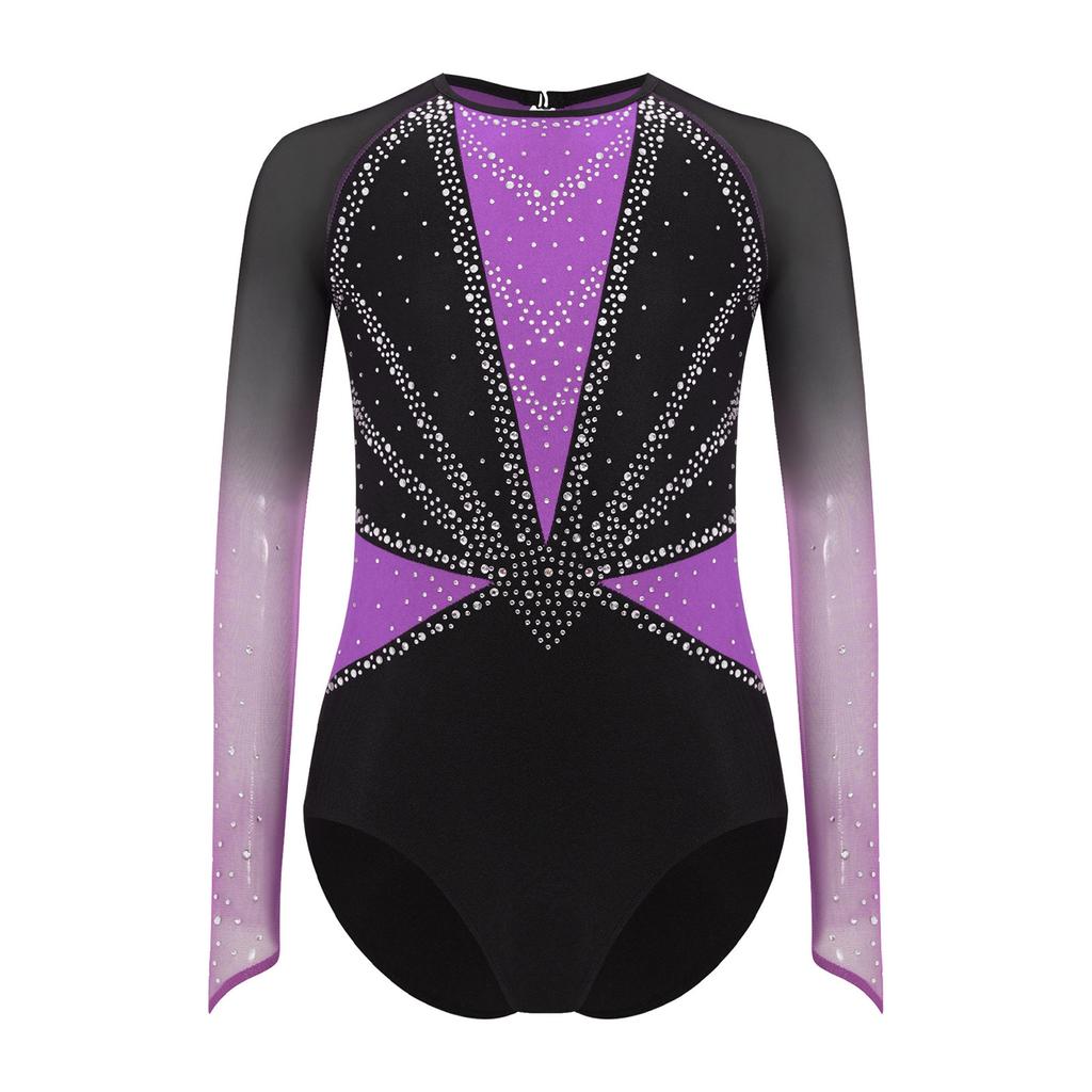 Costum de Gimnastică și Dans pentru Fete cu Mâneci Lungi din Plasă, Decolteu la Spate, Strălucitor cu Strass-uri, Leotard Color-Block