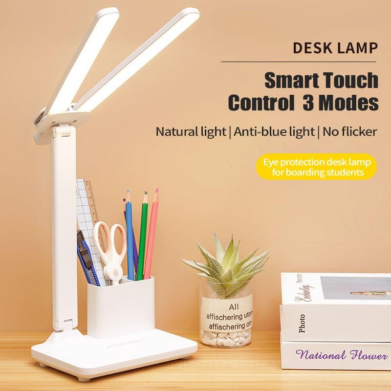 USB Rechargeable Table Lamp Adjustable Brightness Eye Protection Desk Light Touch Dimming Table Light LED Double-Head Desk Lamp With Holder