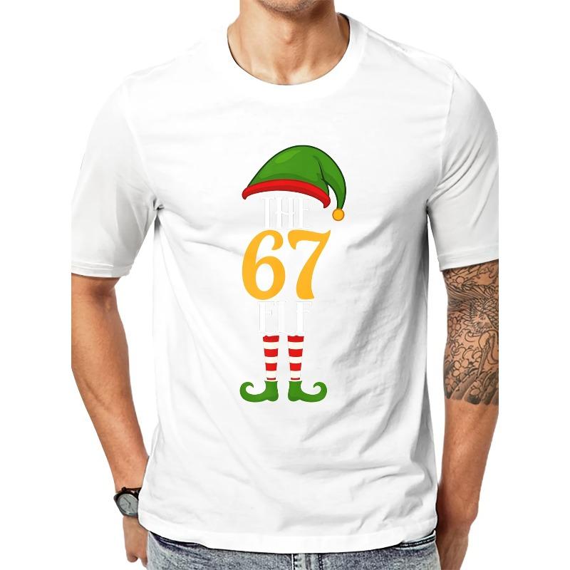 Men s 67 Christmas Print T-Shirt- Casual T-Shirt, 67 Number Design, Crew Neck Party Shirt, Comfortable Casual Clothing S белый