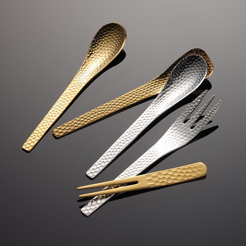 304 Hammer Stainless Steel Coffee Dessert Spoon and Fork Japanese Small Fresh Ice Cream Spoon Cake Mooncake Fruit Fork