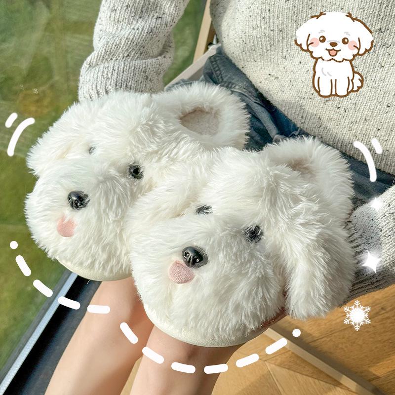 2025 Cute Tongue-Out Puppy Faux Fur Bag & Slippers - Thick-Soled, Warm, Non-Slip Cotton Shoes for Men & Women (Autumn/Winter)