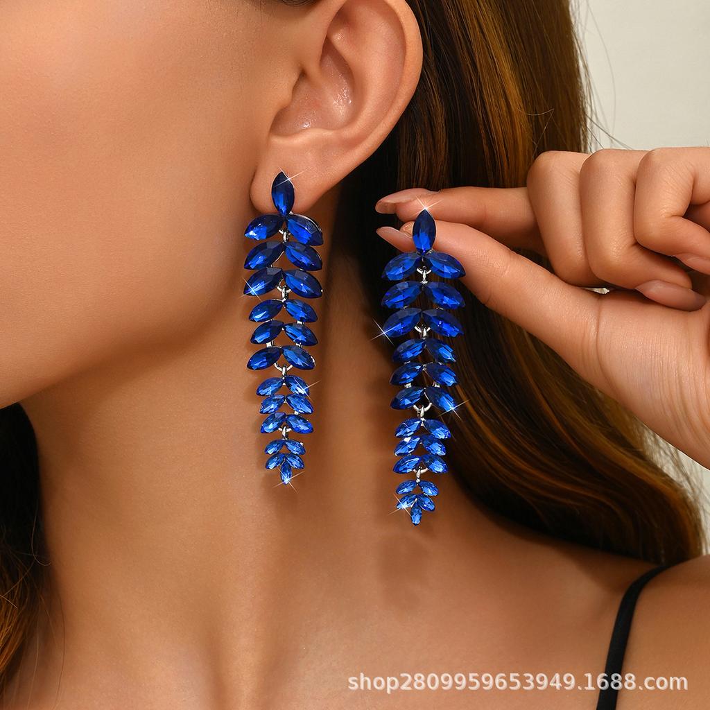 New multi-colored flower earrings, women's exaggerated full diamond long leaf earrings, banquet jewelry earrings.
