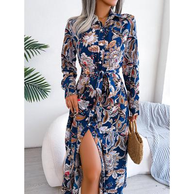 Spring and Autumn Women's Dress Vintage Floral Lapel Laced Shirt Dresses Long Dress