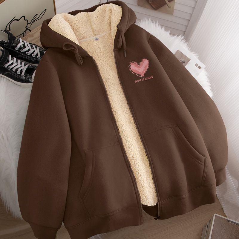 Unisex Hooded Zip-Up Fleece-Lined Cardigan - Warm Winter Lamb Wool Jacket (Apricot)