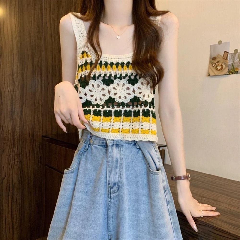 Short Knitted Vest Polyester Fiber Sleeveless Top Sweet Hollow Out Top Women's