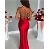 Elegant Women Satin Spaghetti Strap Maxi Dress V Neck Bodycon Sleeveless Backless Bandage Dress Formal Evening Party Gown for Women