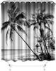 Beach Shower Curtain Tropical Palm Tree Landscape Black And White Waterproof Fabric Curtain Decoration With 12 Hooks