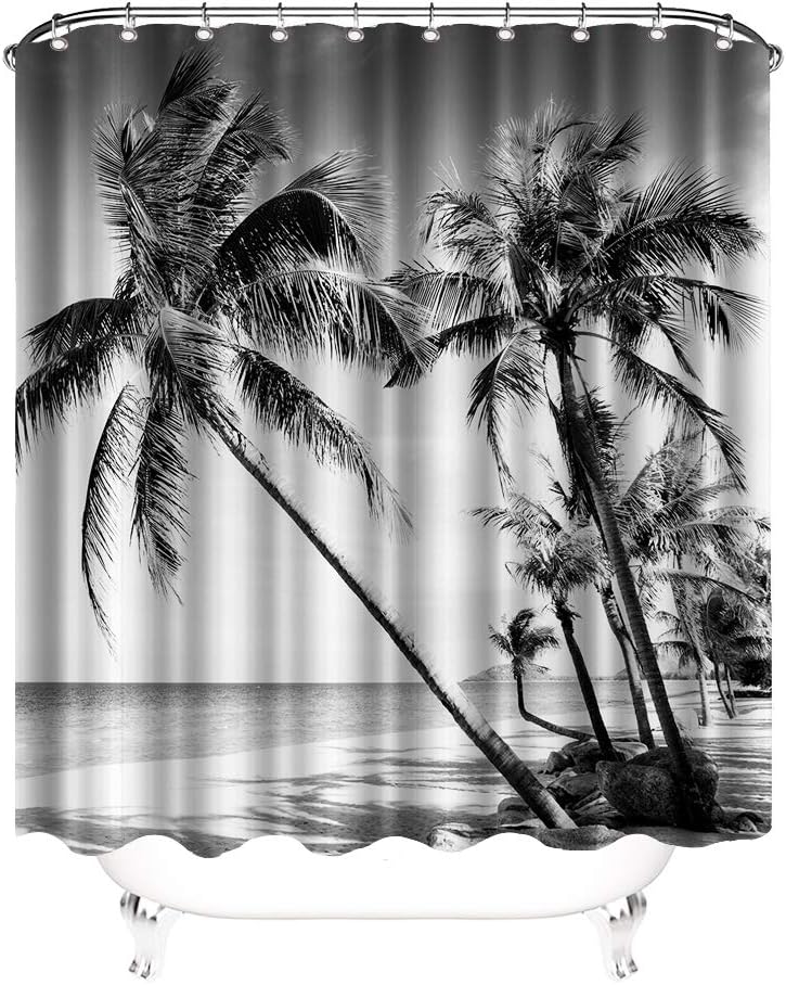 Beach Shower Curtain Tropical Palm Tree Landscape Black And White Waterproof Fabric Curtain Decoration With 12 Hooks