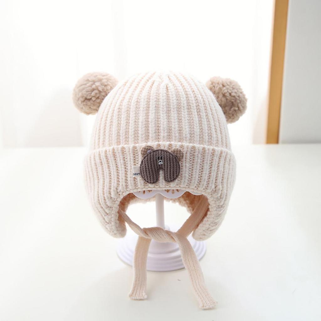 Gorro de punto para bebé con oso de dibujos animados, lindo pompón, gorro infantil con protección para las orejas, invierno cálido, para niños, niñas, niños, con orejeras