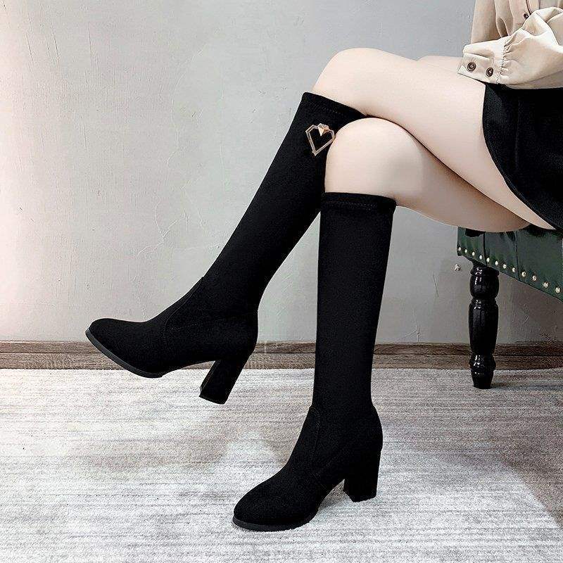 Boots Women's But Knee Boots Small Medium Boots High Heel Long Women's Boots Autumn and Winter Thick Heel High Elastic Thin Boots