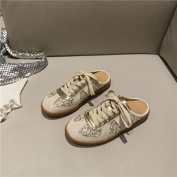 Fashion Women Bling Mules Bright Sequin Slides Shoes Loafers Walking Sneakers Lazy Clogs Platform Summer Creeper Baotou Half Slippers
