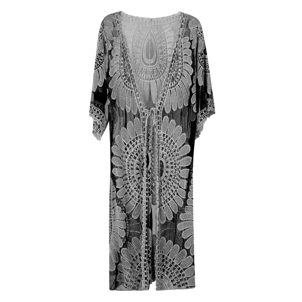 Cardigan lungo in pizzo ricamato color sabbia da donna Copricostume nero a manica corta Cardigan all'uncinetto floreale Kimono Cardigan da spiaggia