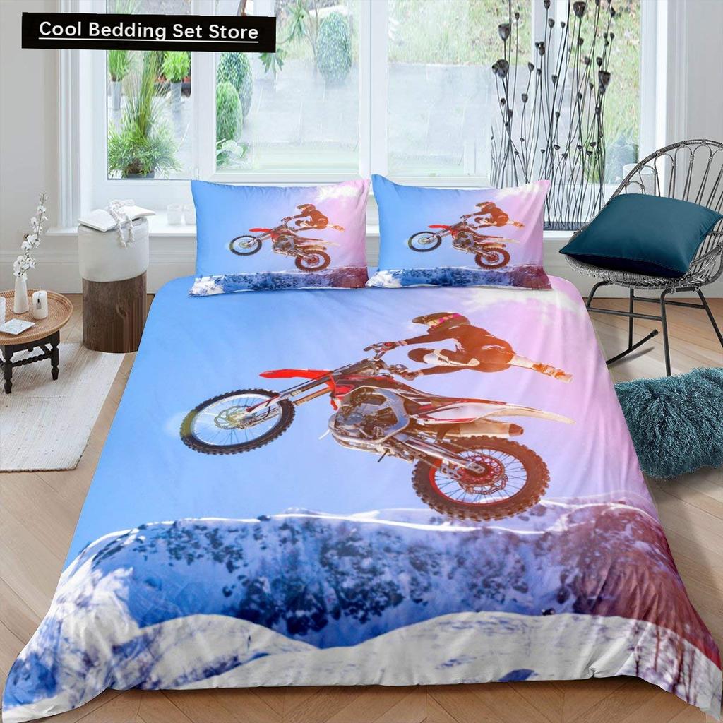 Motorcycle King Queen Duvet Cover Dirt Bike Bedding Set Motocross Racer Extreme Sports Quilt Cover Polyester Comforter Cover