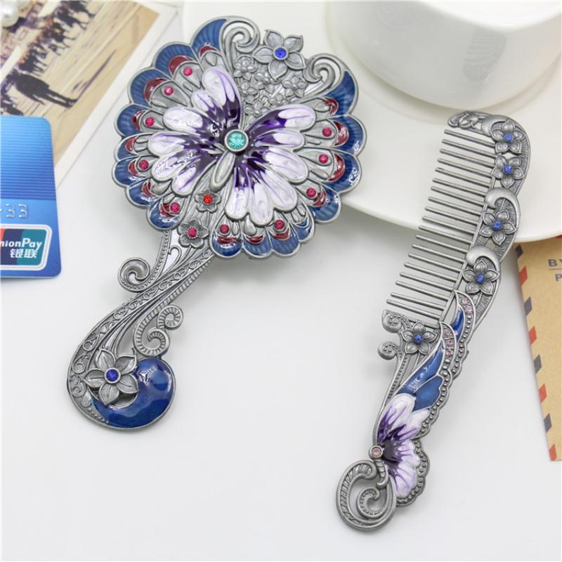 2 Pcs/Set Butterfly Painting Design Vanity Mirror And Comb Set Round Shape Embossed Metal Handheld