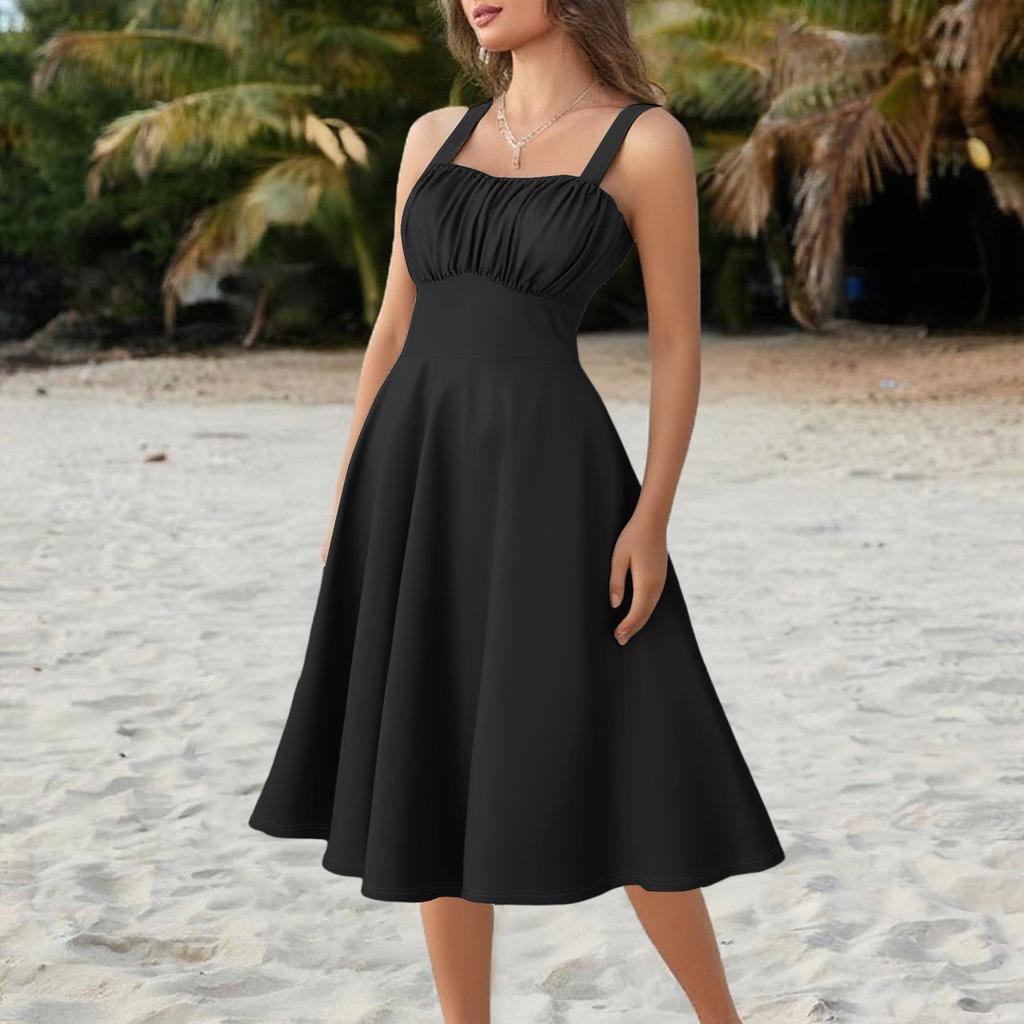 Women's Vintage Sleeveless Pleated Patchwork Cute A-Line Hem Dresses