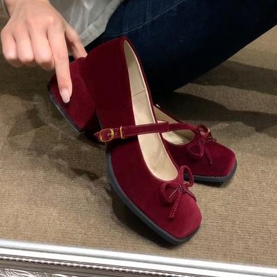French Retro Mary Jane Thick Heel Single Shoes Women's Spring and Autumn Word with Bow Burgundy High Heels