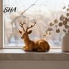 Resin Animal Statues Reindeer Figurine, Faux Wood Grain Christmas Deer Statue, Office Desk Accessories Vintage Tabletop Ornament for Home Window