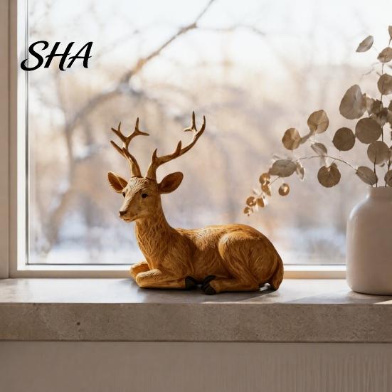 Resin Animal Statues Reindeer Figurine, Faux Wood Grain Christmas Deer Statue, Office Desk Accessories Vintage Tabletop Ornament for Home Window