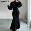 Women's Elegant Stand Collar Mesh Lace Crushed Diamond Long Sleeve Ruched Waist Tailored Evening Gown Dress