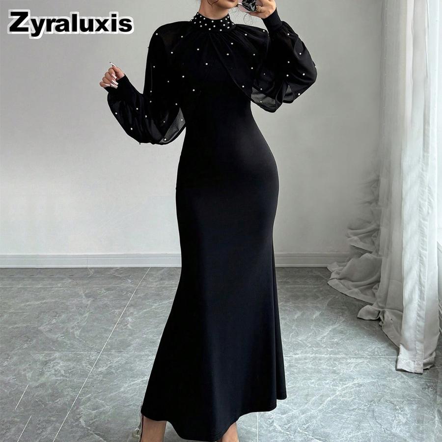 Women s Elegant Stand Collar Mesh Lace Crushed Diamond Long Sleeve Ruched Waist Tailored Evening Gown Dress S