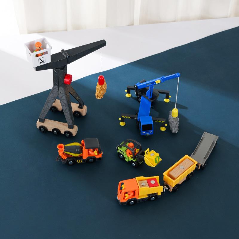 Wooden Train Track Set Magnetic Car Toy Crane Works Rescue Children Assemble Educational Toys For Kids Wooden Rail