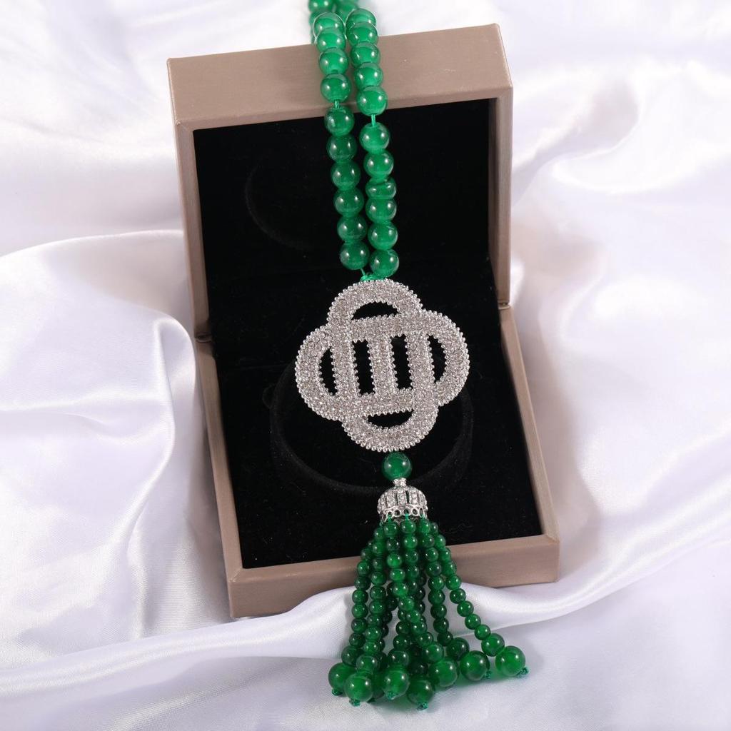 Trendy Green Bead Long Sweater Chain with Tassel Pendant - Light Luxury Necklace