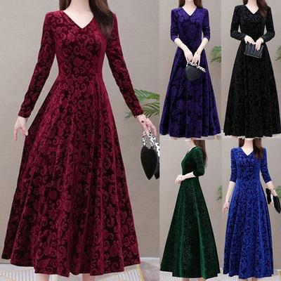 New Women's Fashion Autumn Winter Long Sleeve Elegant One Piece Solid Color Velvet Dress
