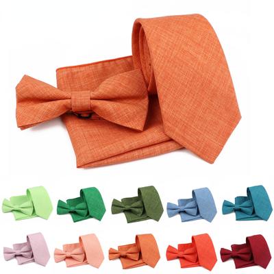 Men Fashion Solid Color Cotton Tie Bowtie Handkerchief Set Wedding Party Butterfly Necktie