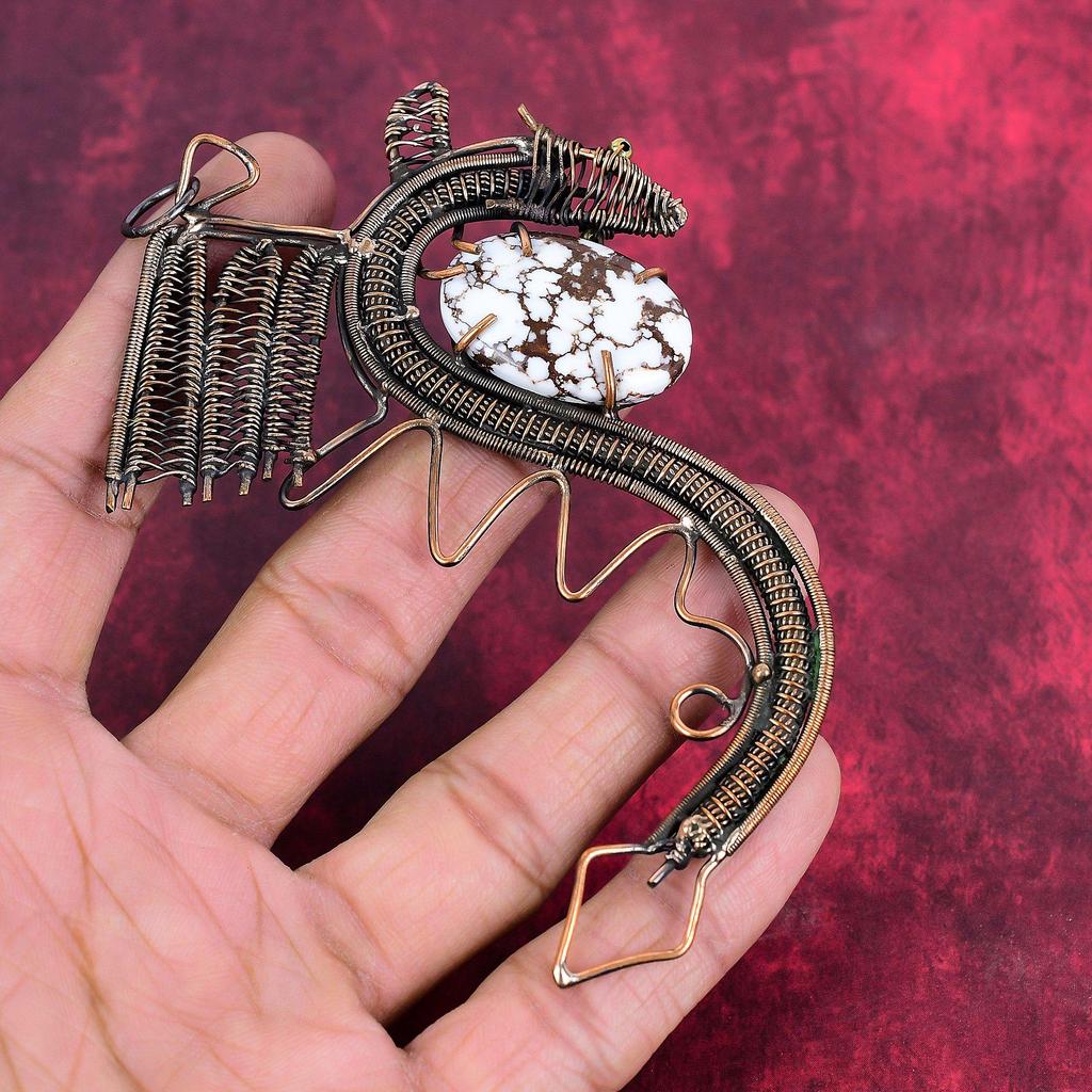 Wild Horse Magnesite Pendant Copper Wire Wrapped Dragon Pendant Handmade Gemstone Pendant Copper Wire Jewelry Gifts for Him Antique Pendants