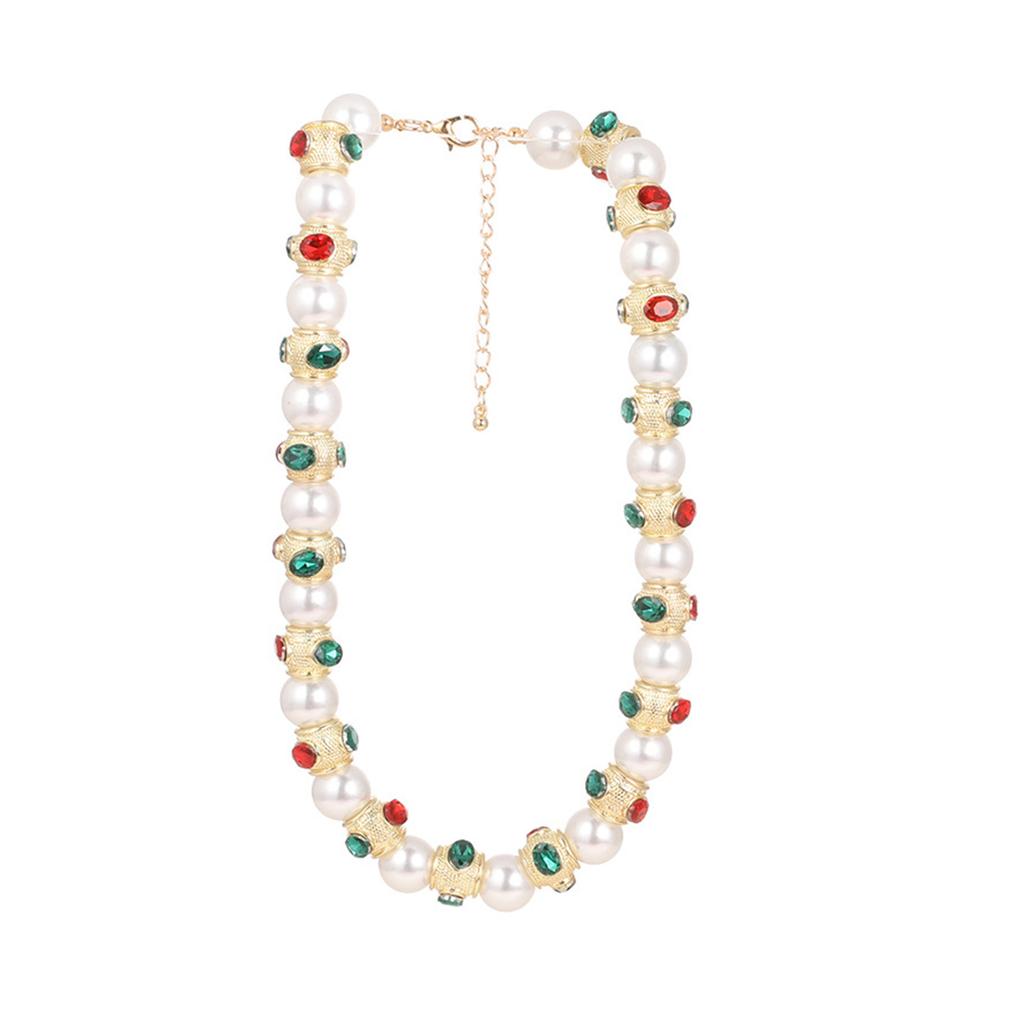 Vintage Heavy Craftsmanship Glass Pearls Necklace With Red Green Gemstones Designs Zinc Alloy Jewelry for Women