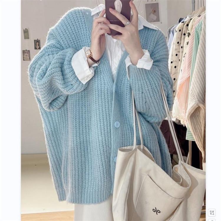 Women Soft Comfortable Casual Breathable Lazy Fashion Simple Solid Top Coat Loose V-neck Long Sleeve Knit Sweater Cardigan