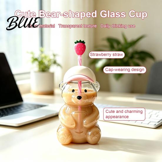Reusable Boba Tea Cup 600ML Bear Glass Tumbler with Lid & Straw 20oz Borosilicate Drinking for Iced Coffee Tea Milk Gift Women Girls