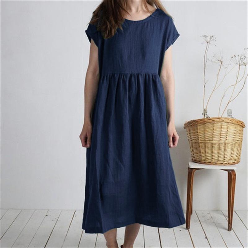 Women's Mid-Length Cotton Linen Dress - Round Neck, Short Sleeve, Solid Color, Pleated, Loose-Fit Casual Design