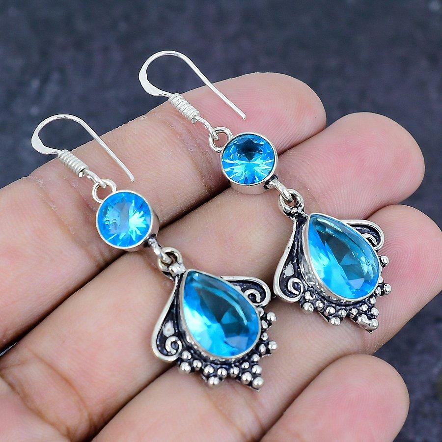 Swiss Blue Topaz Gemstone 925 Sterling Silver Earring 2.17"