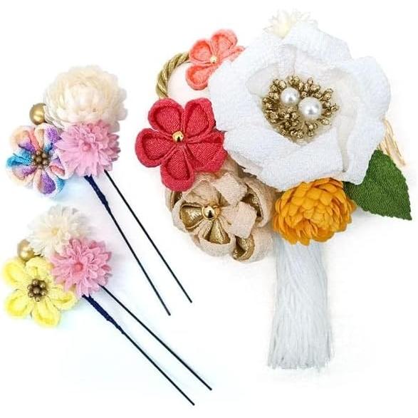 3-Piece Hair Accessory Set: Tsumami Zaiku Kanzashi for Coming-of-Age Ceremony, Furisode, Graduation, Yukata - White, Red, Yellow