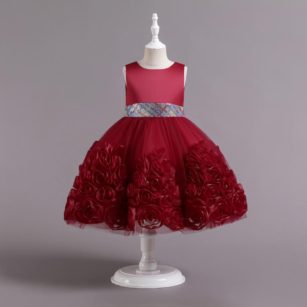 

Детское платье с розами, элегантное сетчатое платье с лепестками и бисером, детское платье для девочек, платье принцессы для дня рождения, выпускного вечера 150cm вино красного