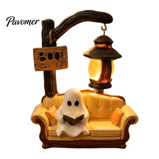 Creative Indoor Seasonal Display Halloween Ghost Reading Book Lamp, Cute Figurine Night Light with Book, Ornament 3D Resin Tabletop Statue,
