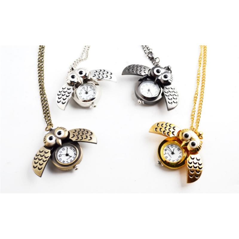 Vintage Men Women Alloy Retro Owl Shape Clock Pendant Long Necklace Chain Watches Birthday Gifts