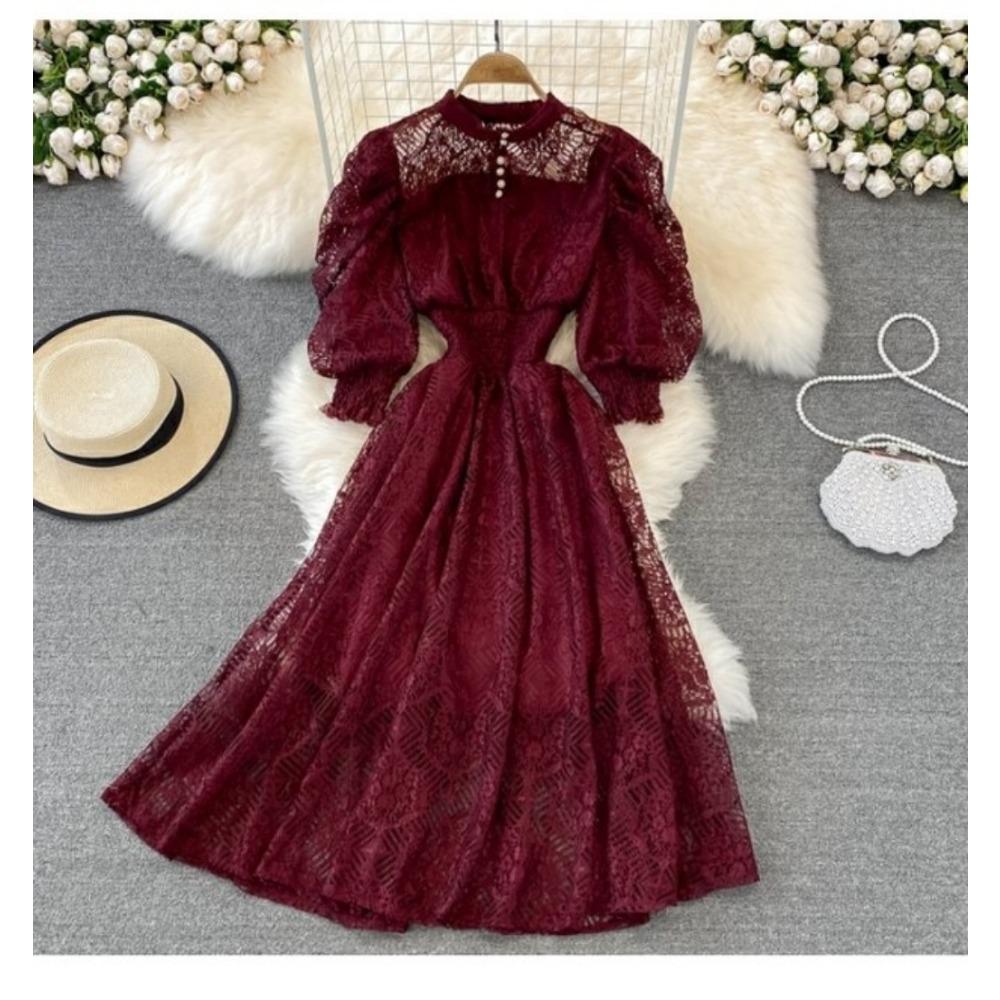 Court Style Stand-up Collar High Waist and Thin Bubble Sleeves Lace Dress Bohemian Seaside Vacation Big Swing Dress Women