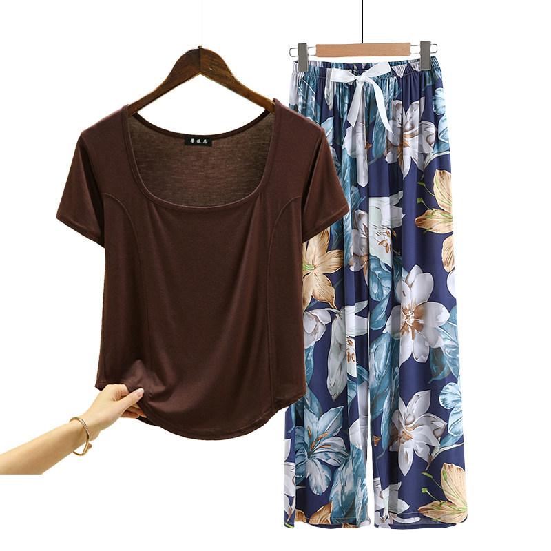 Fashion U Nek Tshirt and Floral Wide leg pants Summer fashion homewear 2pcs suit Loose Casual pajamas set comfort loungewear plus size