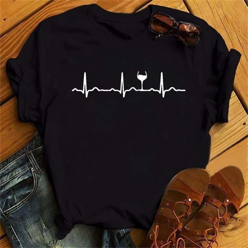 New Rose Gold Wine Glasses Tshirts Women Short-sleeve Tee Shirt Wine Glass Funny T Shirts 90s Ulzzang Female Black Tops Tees