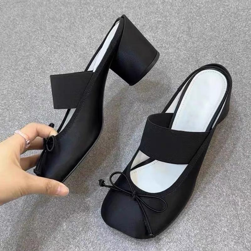 Fashion High-Heeled One-Shoulder Slippers For Women 2025 Summer New Style Shallow-Moused Thick-Heeled Slippers Ballet Mary Jane Shoes
