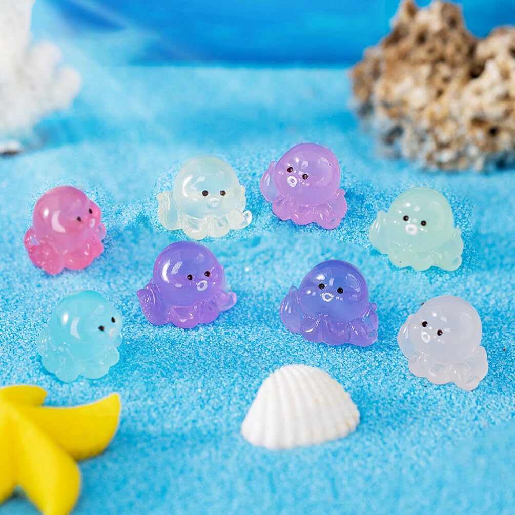 YARNOW 24pcs Miniature Octopus Figurine Luminous Tiny Octopus Mini Resin Octopus Glow in The Dark Miniature Figures for Aquarium Landscape