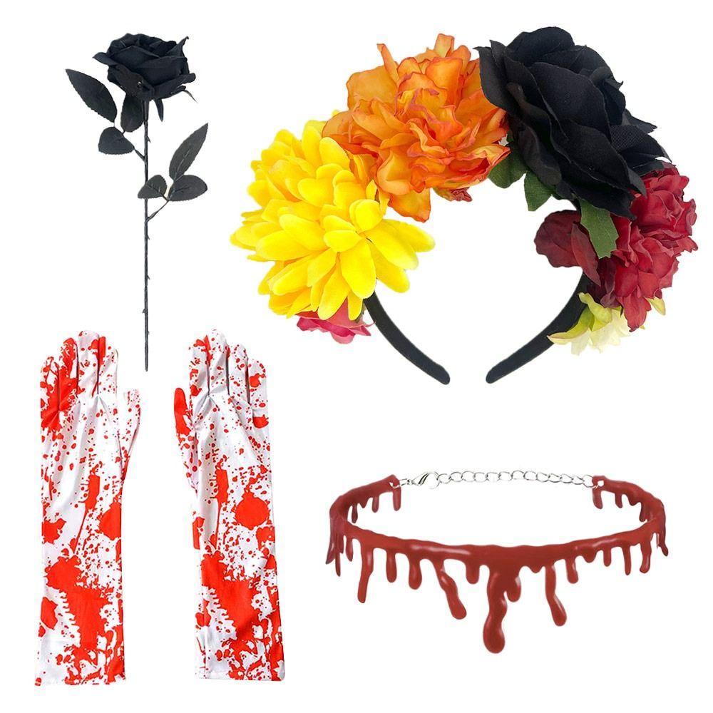 4-Piece Set Halloween Party Costume Rose Flower Headband Novelty Horror Necklace Gloves  for Women
